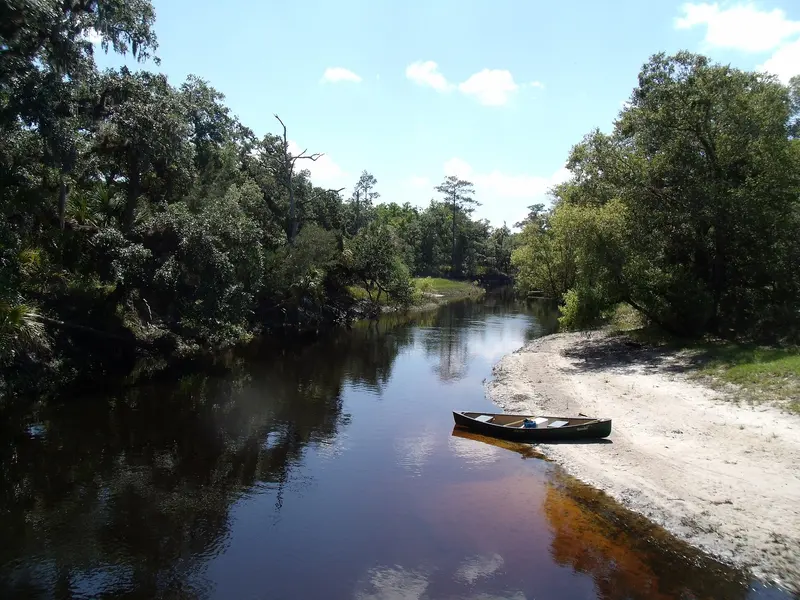 The dark, tree-lined Econlockhatchee River seen from a footbridge on the Florida Trail